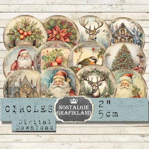 Christmas Circles printables Shabby Chic Journaling digital 2 inch Holly Round Vintage Instant Download digital collage sheet C078