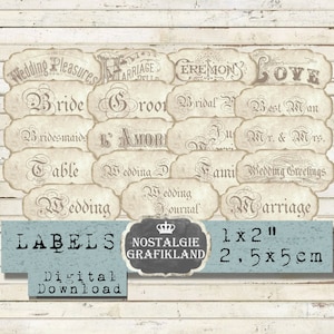Bruiloft woorden Vintage etiketten Journaling Efemere elementen Scrapbook Download digitaal collageblad E028