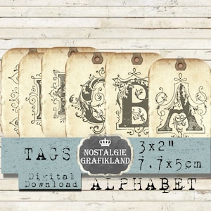 Puede incluir: Conjunto de cinco etiquetas de alfabeto de estilo vintage con letras ornamentadas. Cada etiqueta mide 3 x 2 pulgadas y presenta una letra diferente en una fuente decorativa. Las etiquetas est&aacute;n impresas en papel de color crema con un aspecto desgastado. El texto "TAGS" y "DIGITAL DOWNLOAD" est&aacute; impreso en azul sobre un fondo azul claro. El texto "NOSTALGIE GRAFIKLAND" est&aacute; impreso en blanco sobre un fondo gris. El texto "3 x 2" y "7,7 x 5 cm" est&aacute; impreso en blanco sobre un fondo azul claro. El texto "ALPHABET" est&aacute; impreso en negro sobre un fondo azul claro.