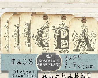 Alphabet printable Tags ABC Monogram Vintage Letter Letters Ephemera Journaling Tags 3x2 inch T201