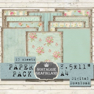 SHABBY CHIC Roses printable Background digital Ephemera Paper Pack prints Vintage Strips Journaling Download collage 8.5x11" PP044