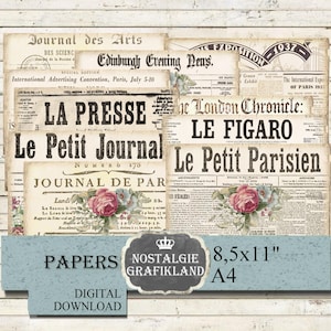 NEWSPAPER printable Paper Pack horizontal French Ephemera Roses Papers digital Scrapbook Journaling 11x8.5" PPH006