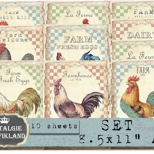Farm Printable Rooster Hen Fresh Eggs Set Papers Shabby Chic - Etsy
