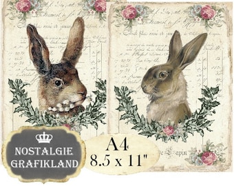 Rabbits Hare Easter Bunnies Shabby Chic A4 Decoupage printable Download digital collage sheet A138