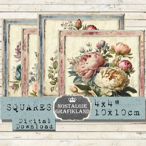 Peonies Squares printable 4x4 Flowers Coaster Tiles Squares Download digital collage sheet TG100