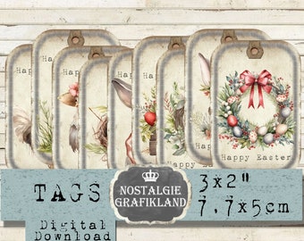 Easter Tags Happy Bunnies Eggs Shabby Journaling printable Rustic Download Vintage digital collage sheet digital T083