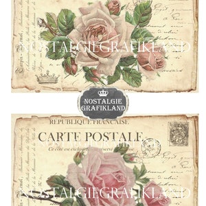 May include: Two vintage postcards with a faded, aged look. Each postcard features a bouquet of pink roses with green leaves. The top postcard has the text "Post Card" and "This slot for the address". The bottom postcard has the text "Carte Postale" and "Republique Francaise".