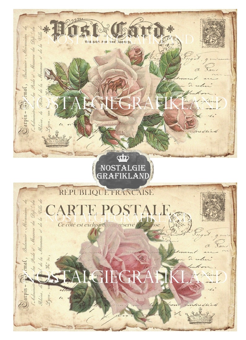 May include: Two vintage postcards with a faded, aged look. Each postcard features a bouquet of pink roses with green leaves. The top postcard has the text "Post Card" and "This slot for the address". The bottom postcard has the text "Carte Postale" and "Republique Francaise".