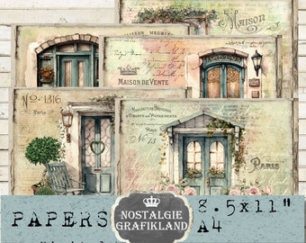 May include: A set of four digital papers featuring vintage-style illustrations of doors with floral accents. The papers are in a light blue, green, and white color scheme and include the text "Maison de Vente" and "No. 1316 Paris".