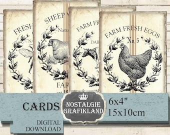Farm Cards Rooster Cow Sheep Bee Wreath Grainsack Ink Saver printable 6x4" digital D263