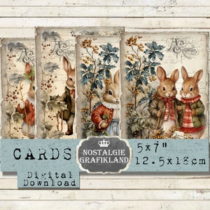 Cartões de felicitações de coelhinhos de Natal para impressão Coelhos X-mas Natal Diário digital 5x7 Baixar colagem digital G085