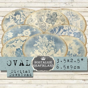 Faded Blue Vintage Labels Shabby Ovals Damask Flowers 3.5x2.5 inch Download digital collage sheet O111