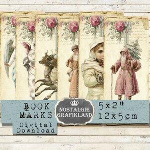 Zakładki do książek w stylu shabby chic na Boże Narodzenie, album ze zdjęciami, Święty Mikołaj, renifery, anioły, do wydrukowania, natychmiastowe pobranie, cyfrowy arkusz kolażu BM047