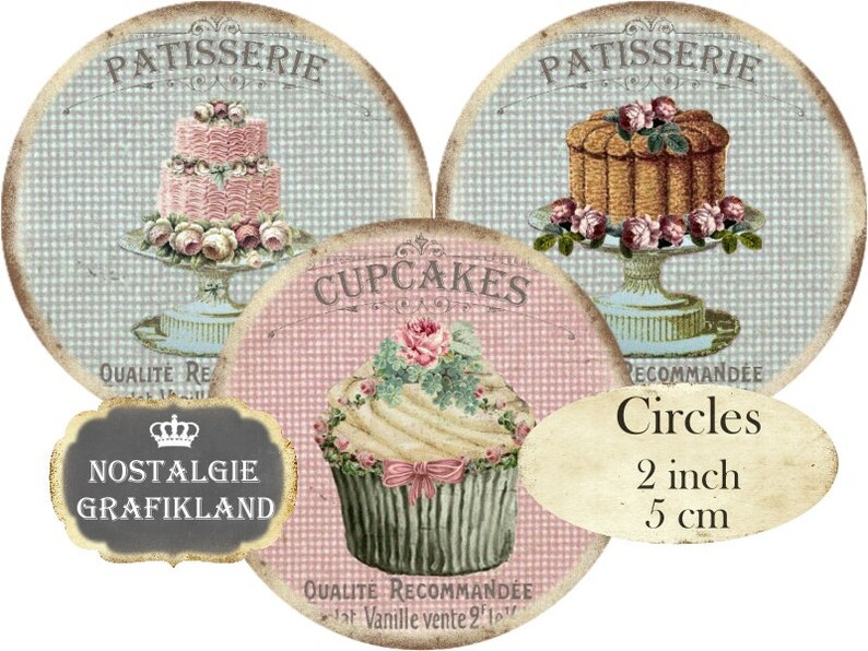 Patisserie Shabby Chic Cupcakes Muffins Bakery Circles Instant Download digital collage sheet C145