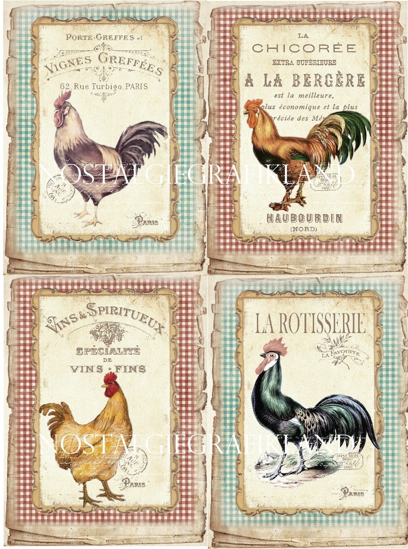 Rooster printable Hen Fresh Eggs Farm Papers Shabby Chic Vintage Large Image Digital Download digital collage sheet 8.5x11 PP169