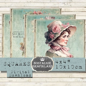 French Ladies Squares stampabile Hat Box Profumo Shabby Chic Coaster 4x4 pollici Decoupage Scarica il foglio di collage digitale TG127