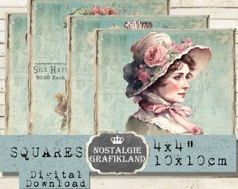 French Ladies Squares printable Hat Box Perfume Shabby Chic Coaster 4x4 inch Decoupage Download digital collage sheet TG127