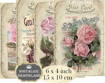 Rose Postcards 6x4" Cards Vintage Roses Pink Redoute printable Download digital collage sheet D189