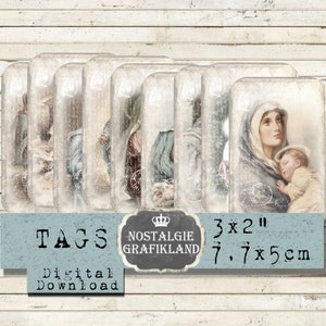 Madonna & Child Tags Instant Download digitale collage blad Shabby Chic Religieuze Heilige Maria T092