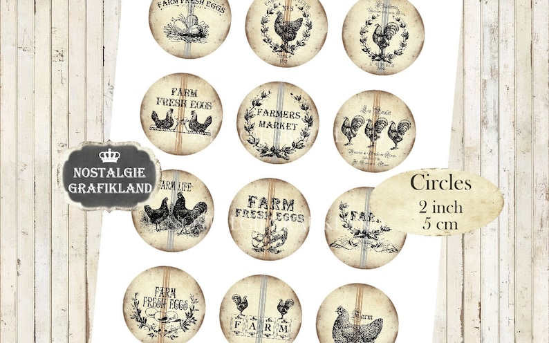 Farm Fresh Eggs Rooster Hen Circles 2 inch digital collage sheet download C097 Le Coq Poulet Ferme