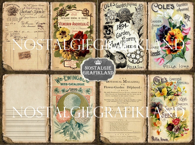 May include: A collage of vintage seed catalogs and botanical illustrations. The images feature flowers, plants, and text from the late 1800s. The text includes the names of seed companies, the year of publication, and the location of the company. The colors are muted and faded, giving the images a nostalgic feel.