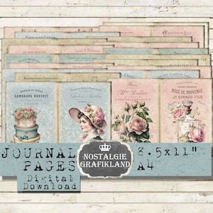 Páginas de diario ROMANTIC para imprimir, estilo shabby chic, rosas, para damas, en francés, para imprimir en diarios, descargar la hoja de collage digital JPA057