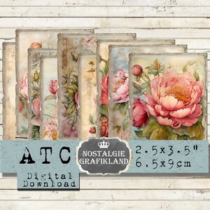 Peonies printable ATC Cards Journaling Instant Download digital collage sheet S032