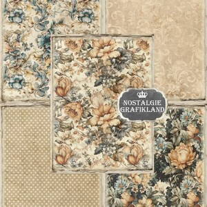 May include: A digital collage of four vintage floral patterns. The patterns feature a variety of flowers in shades of blue, yellow, and brown. The patterns are arranged in a grid, with a small crown and the text "Nostalgie Grafikland" in the center.