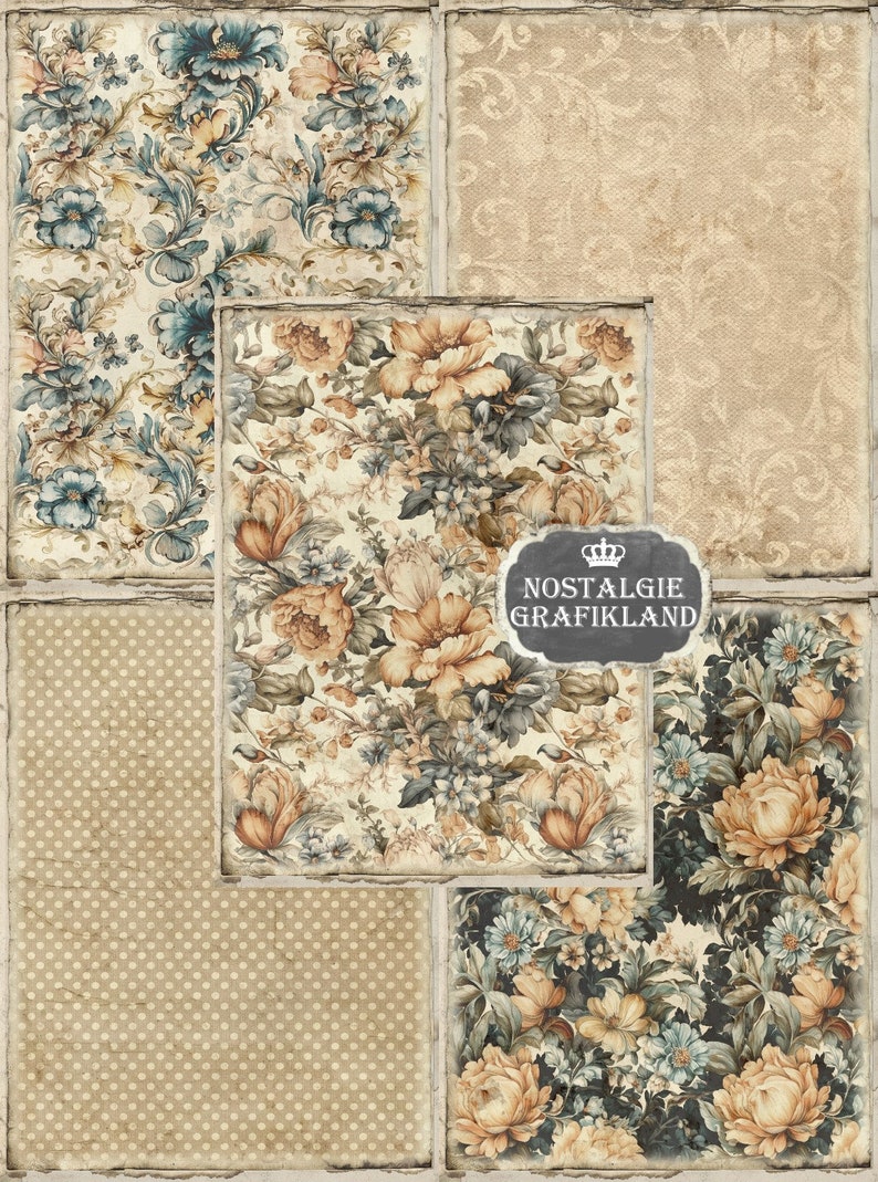 May include: A digital collage of four vintage floral patterns. The patterns feature a variety of flowers in shades of blue, yellow, and brown. The patterns are arranged in a grid, with a small crown and the text "Nostalgie Grafikland" in the center.