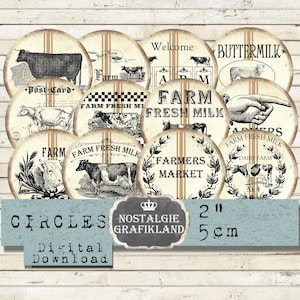 Farm Fresh Milk imprimible Circles Cow Journaling Farming Hoja de collage digital redonda de 2 pulgadas descargar C132