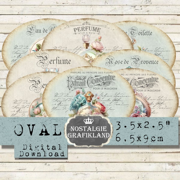 Parfum Etiketten Parfums Flessen Shabby Chic Savon Label Ovalen Etiquettes 3,5x2,5 inch Instant Download digitale collage blad O138