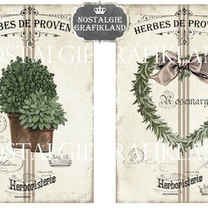 May include: Vintage-style botanical print featuring two panels. One panel displays potted herbs, the other a rosemary wreath with a bow. Both panels have text in French, including "Herbes de Provence" and "Herboristerie."