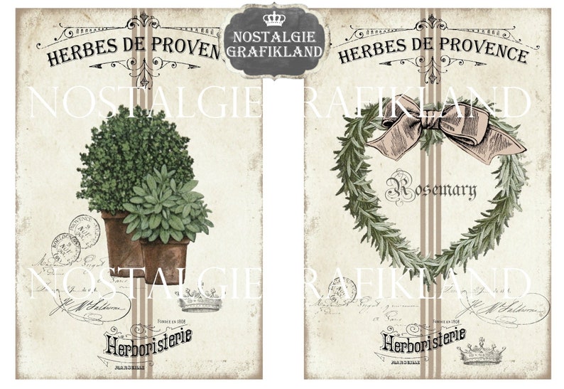 May include: Vintage-style botanical print featuring two panels. One panel displays potted herbs, the other a rosemary wreath with a bow. Both panels have text in French, including "Herbes de Provence" and "Herboristerie."