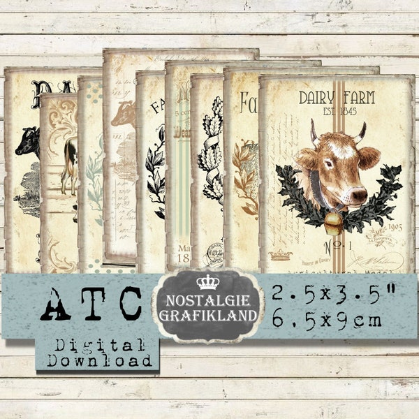 Farm Fresh Milk Cow Vache Ferme printable Farm Animals Instant Download ATC digital collage sheet S148