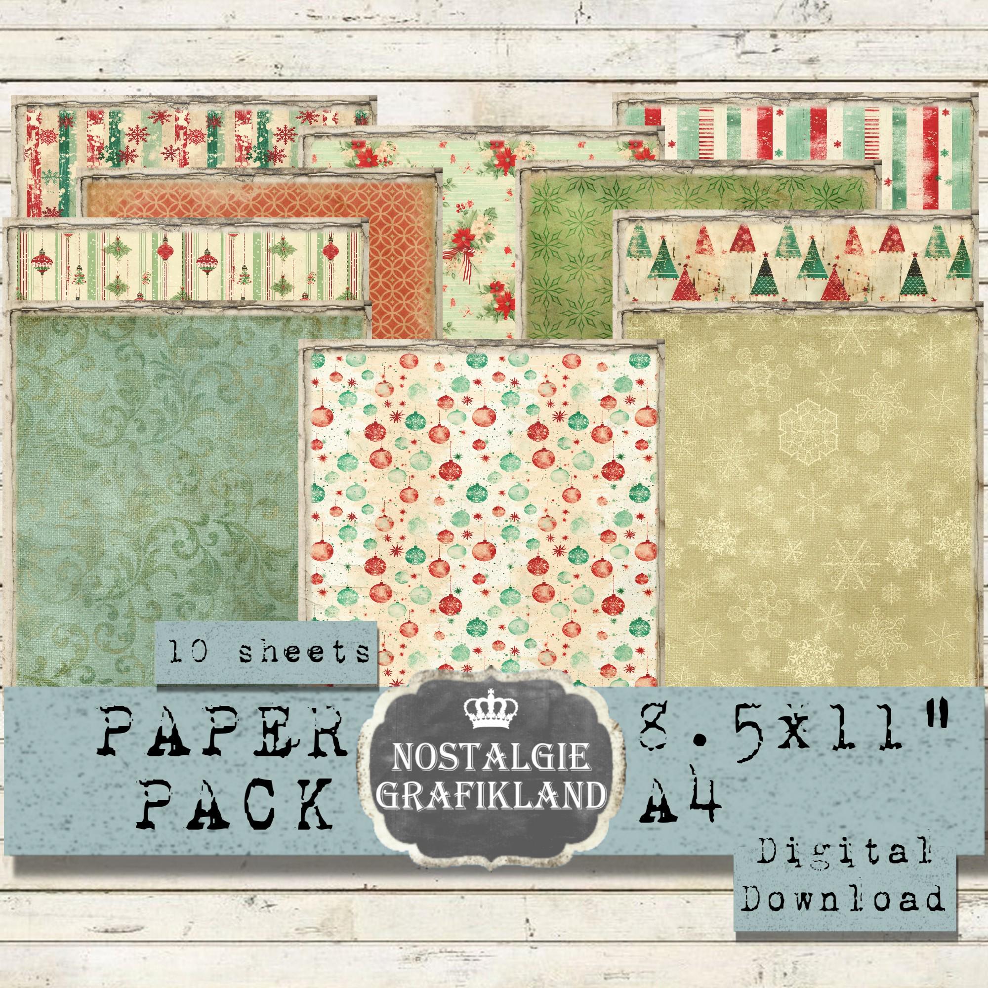 CHRISTMAS BACKGOUND printable Shabby Paper Pack Vintage Prints X-mas Journaling Download digital collage sheet 8.5 x 11" PP210