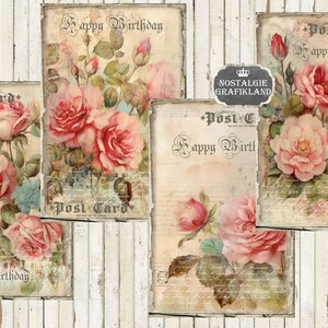 May include: Four vintage-style postcards with a floral design featuring pink roses and green leaves. The postcards have a distressed look and include the text "Post Card" and "Happy Birthday".