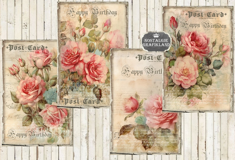 May include: Four vintage-style postcards with a floral design featuring pink roses and green leaves. The postcards have a distressed look and include the text "Post Card" and "Happy Birthday".