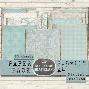 SHABBY CHIC Background printable Mint Light Blue Paper Pack Damask Dots Journaling Vintage Download digital sheet 8.5x11" PP145