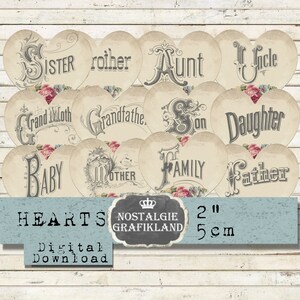 Family Hearts printable Mother Father Baby Album Journaling Families prints 2 inch Download digital collage sheet H124