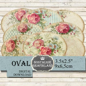 Sfondo Shabby Chic stampabile Ephemera Oval Pastel Roses 3,5 x 2,5 foglio digitale O119