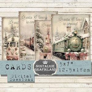 Tarjetas de tren de Santa Claus imprimibles Locomotora de Navidad digital Vintage Journaling 5x7 Descargar collage digital G098