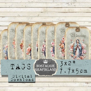 Heilige Maria Tags afdrukbare Holycard Blessing Tags Shabby Chic prints Kerst Journaling Download digitaal collageblad T004
