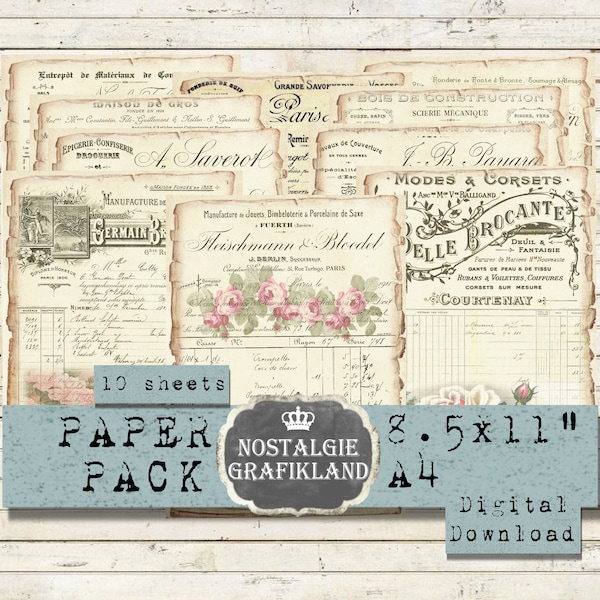 DOCUMENTS printable Ephemera Old Vintage Paper Pack Faded Roses Journaling Set Junk Journals digital collage Download PP103