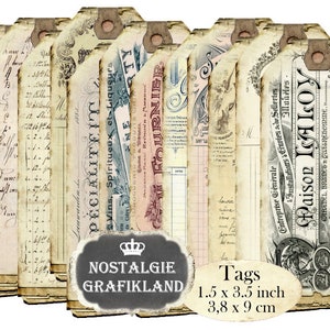 Ephemera Journal Tag Vintage stampabile Vecchi documenti Abbellimenti francesi Tag stretti Journaling Scarica il foglio di collage digitale T047