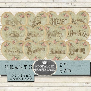 Amour coeurs 2 pouces Téléchargement instantané collage numérique feuille H115 coeur étiquettes sweetheart amore
