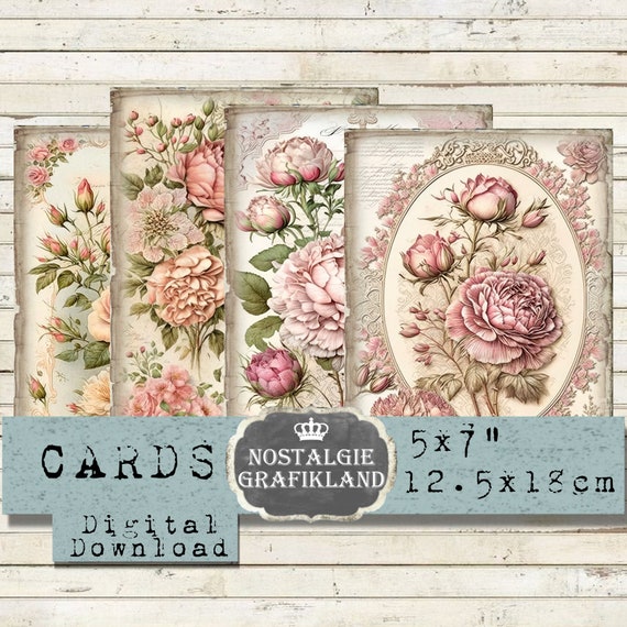Pink Roses Greetings Cards printable Ephemera Redoute Roses Flowers Journaling 5x7" digital sheet G104