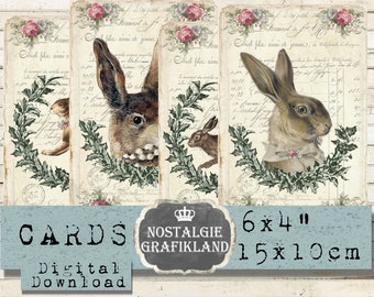 Afdrukbare konijnen konijnen Pasen digitale Haas Franse dieren Lapin Lievre 6 x 4 inch Journaling digitale collageblad downloaden D172