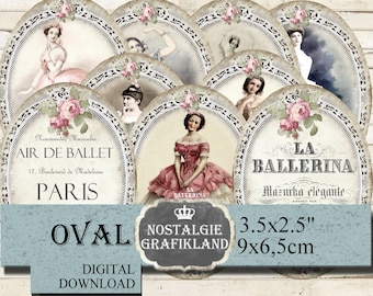 Afdrukbare balletten ballerina labels dans tutu kant shabby ovalen 3,5 x 2,5 digitaal blad downloaden O168