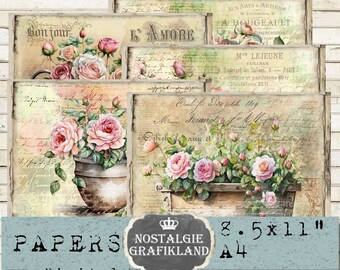 May include: A set of six digital papers featuring vintage-style floral designs with roses, text, and a distressed background. The papers are 8.5 x 11 inches and are perfect for scrapbooking, card making, and other crafting projects.