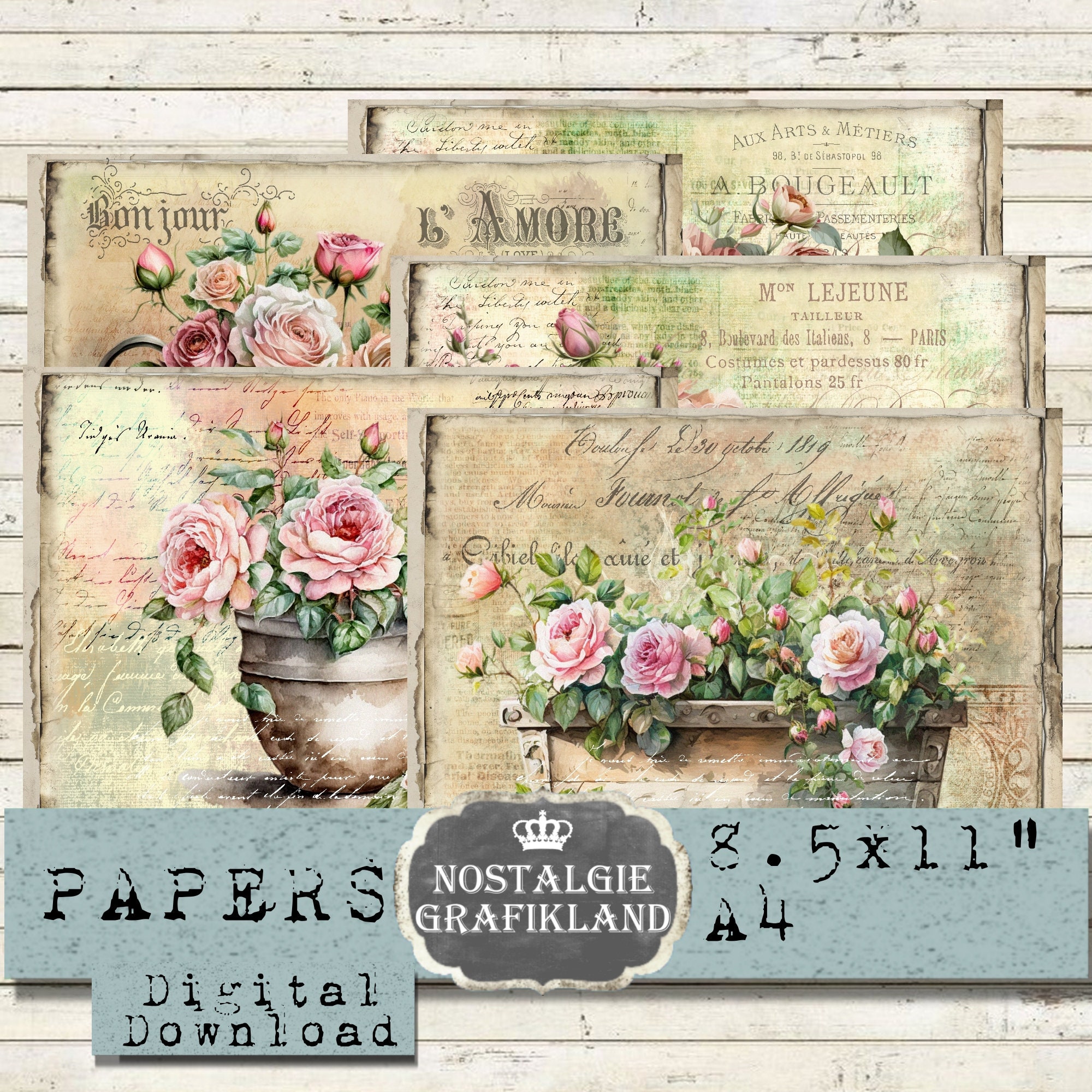 Pink Roses Printable PINK ROSES Printable French Digital Papers Landscape Flowers Garden ...